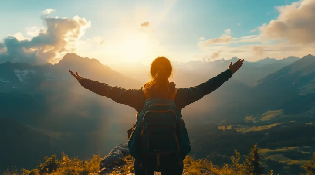 Femme avec parapente sur le dos qui contemple les cimes avant son vol en solo